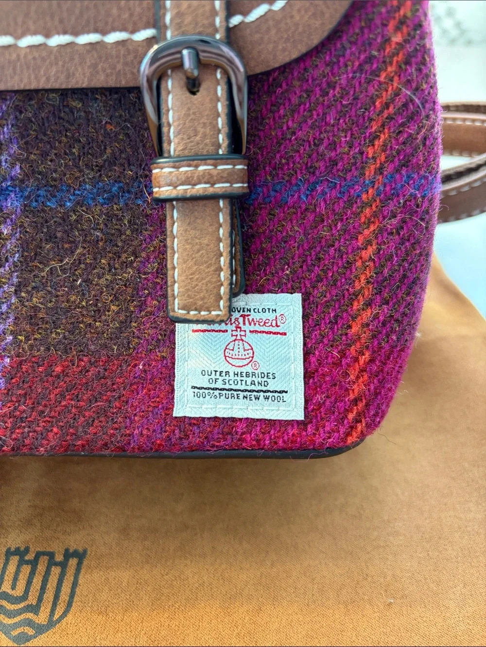 Islander Harrison Tweed Mini Jura Backpack. Brown Leather and Magenta Plaid.
